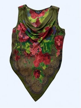 ABS Olive Green Floral Draped Cowl Neck Scarf Top